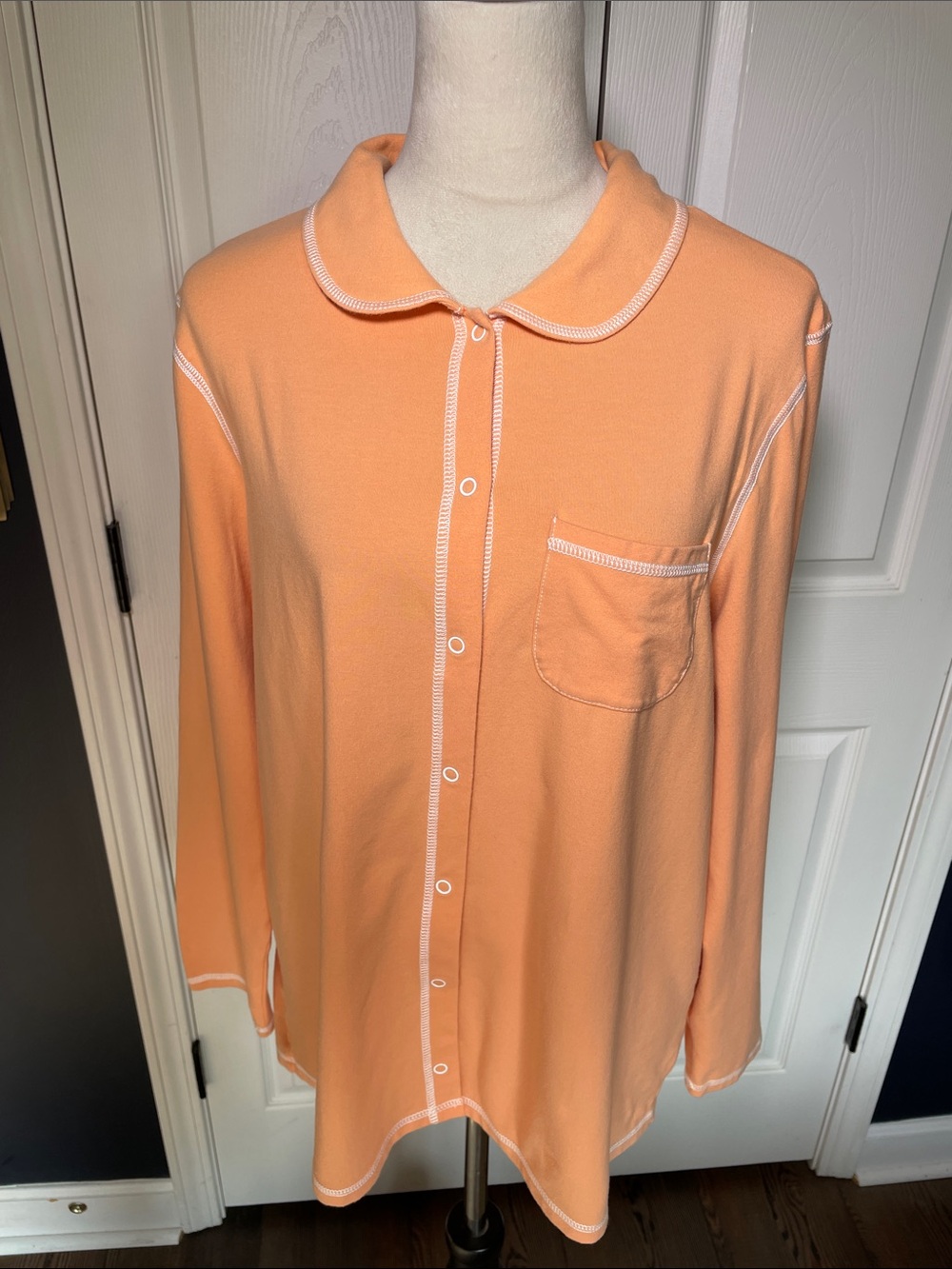 Denim & Co. Loungewear Peach Button Front Sleep Shirt Contrast Stitching Pocket